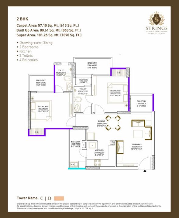 Greater Noida, Real Estate For Sale, INR 12900000,  2 BR,  1090 Sq. Feet,  Civitech Strings Premium Residential Project Noida Extension