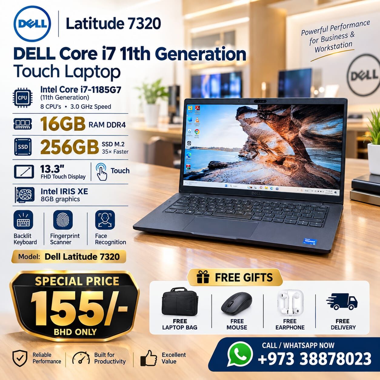Manama, Tablet Computers, BHD 155,  DELL 11th Gen Core I7 Touch Business Laptop 16GB RAM FHD Fingerprint, Face ID FREE GIFTS