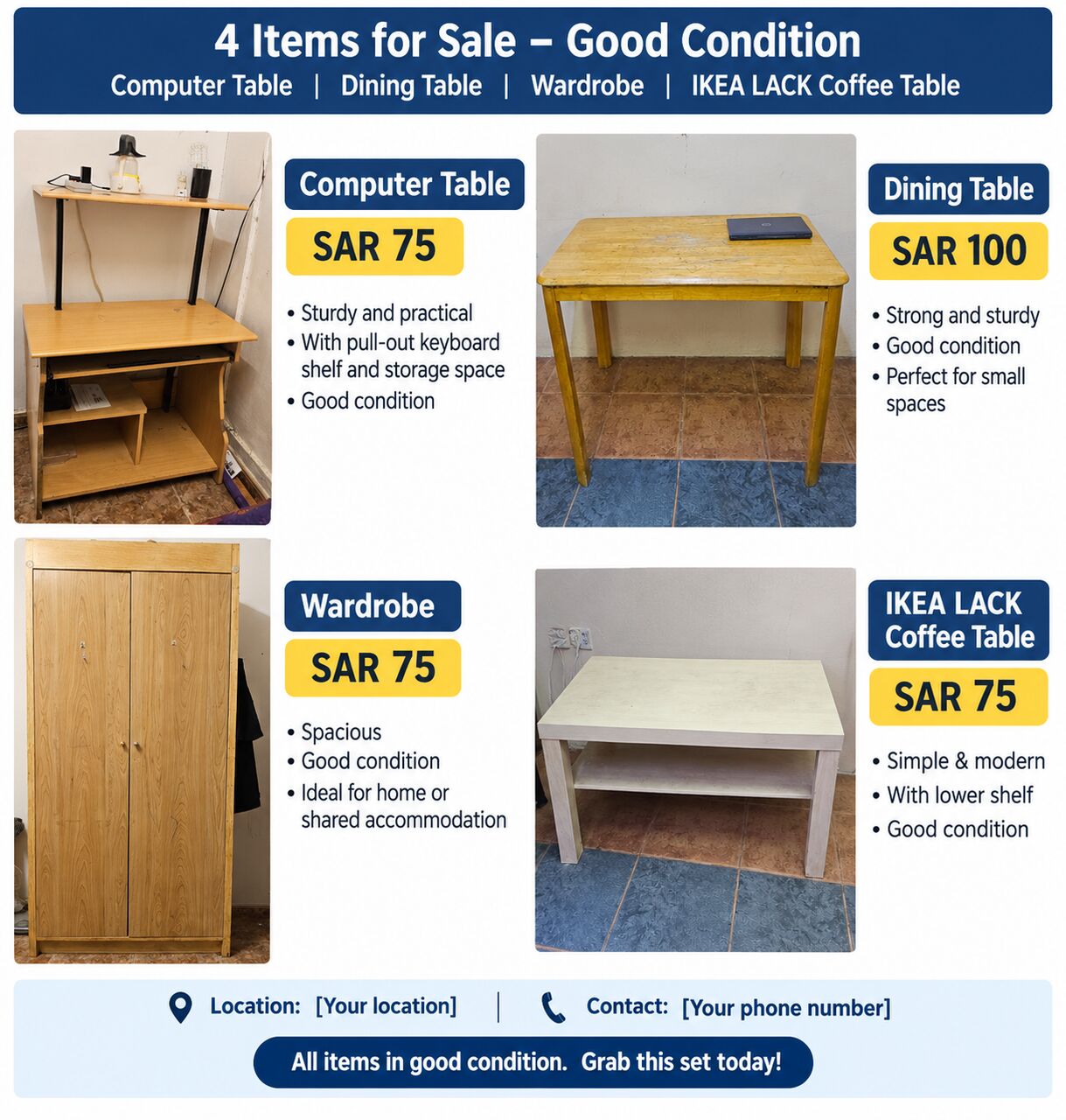 Al Malaz, Furniture, SAR 325,  Furniture For Sale &ndash; Computer Table, Dining Table, Wardrobe & IKEA Coffee Table