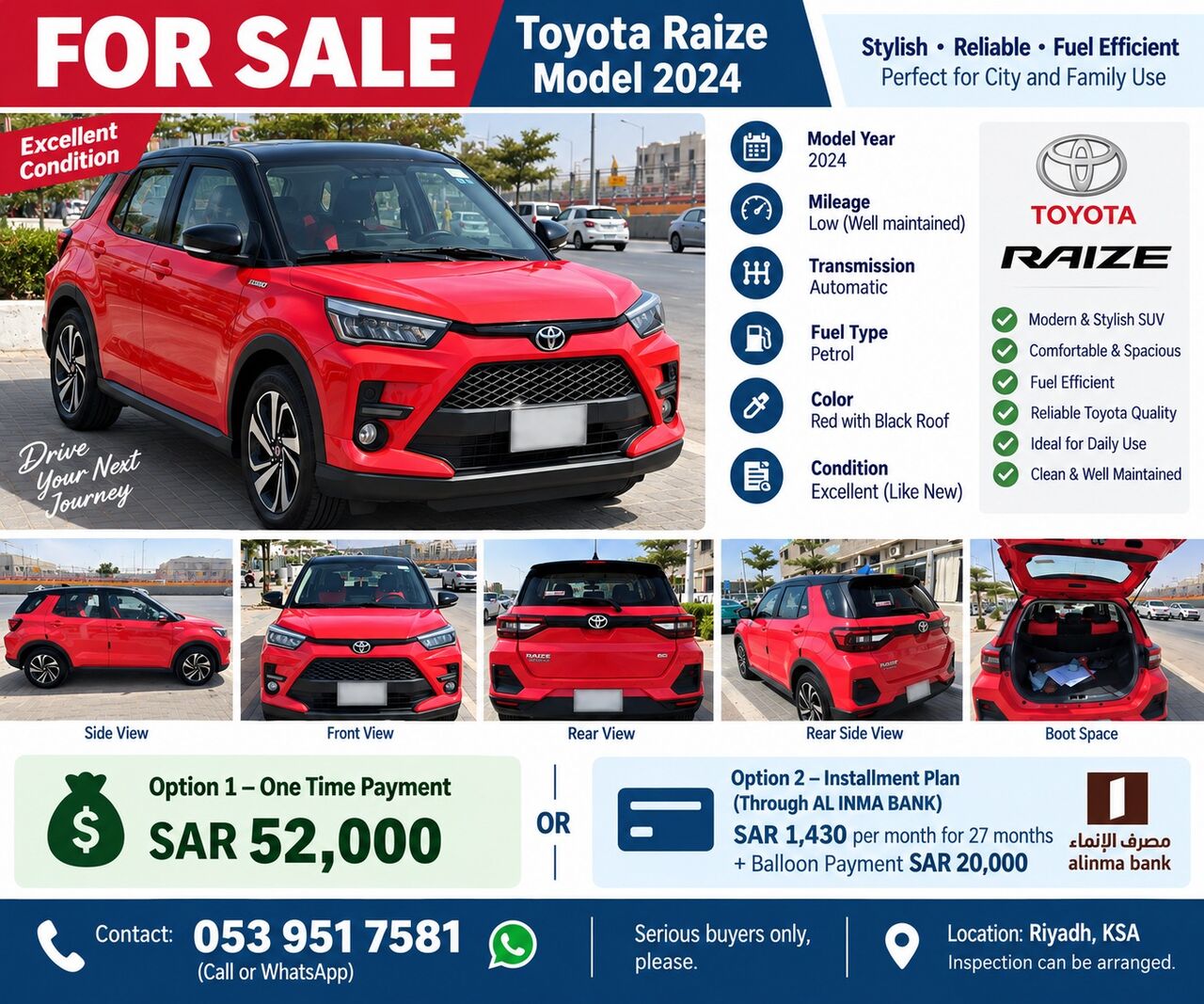 Riyadh, Vehicle Lease Transfer, SAR 5000,  TOYOTA RAIZ 1.0 TURBO LEASE TRANSFER MODEL 2024.