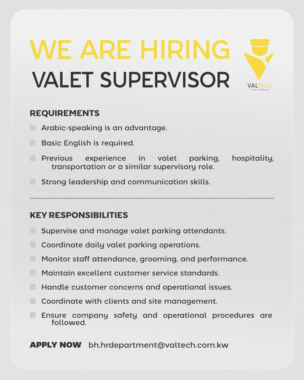 Manama, Jobs, Valet Parking Supervisor