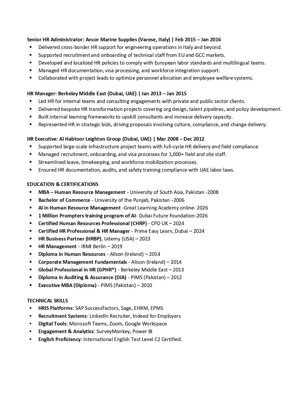 Riyadh, Job Seekers, HR Manager- CHRP/CHRM/HRBP - 18 Years Gulf/Italy Experience- Seeking Job