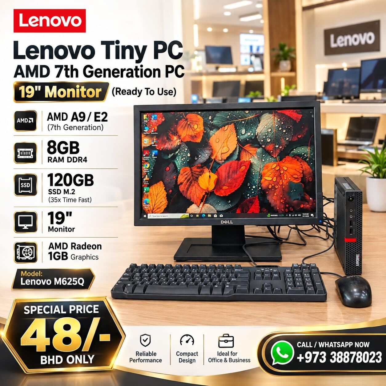 Manama, Tablet Computers, BHD 48,  Lenovo Tiny PC AMD 7th Gen RAM 8GB SSD 120GB M.2 1GB Graphics With 19" Mon Built-in WIFI