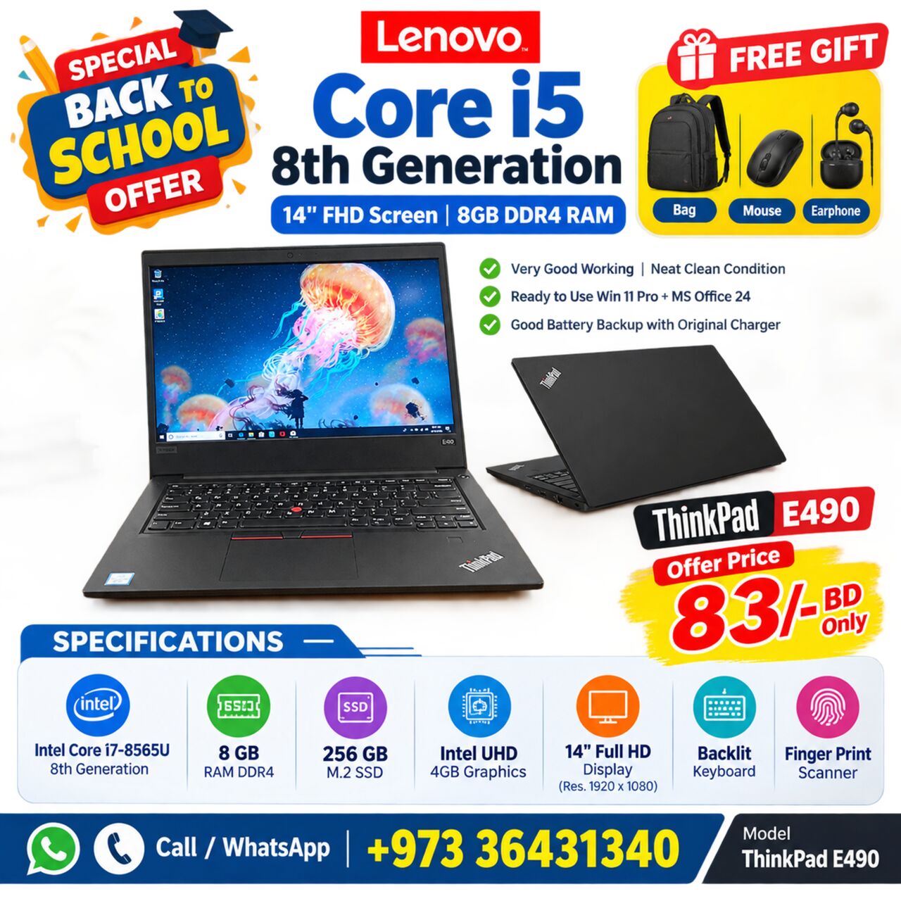 Isa Town, Computers, BHD 83,  Lenovo Intel Core I5 8th Generation Laptop 14" Full HD Display 8GB RAM (Free Bag & Mouse)