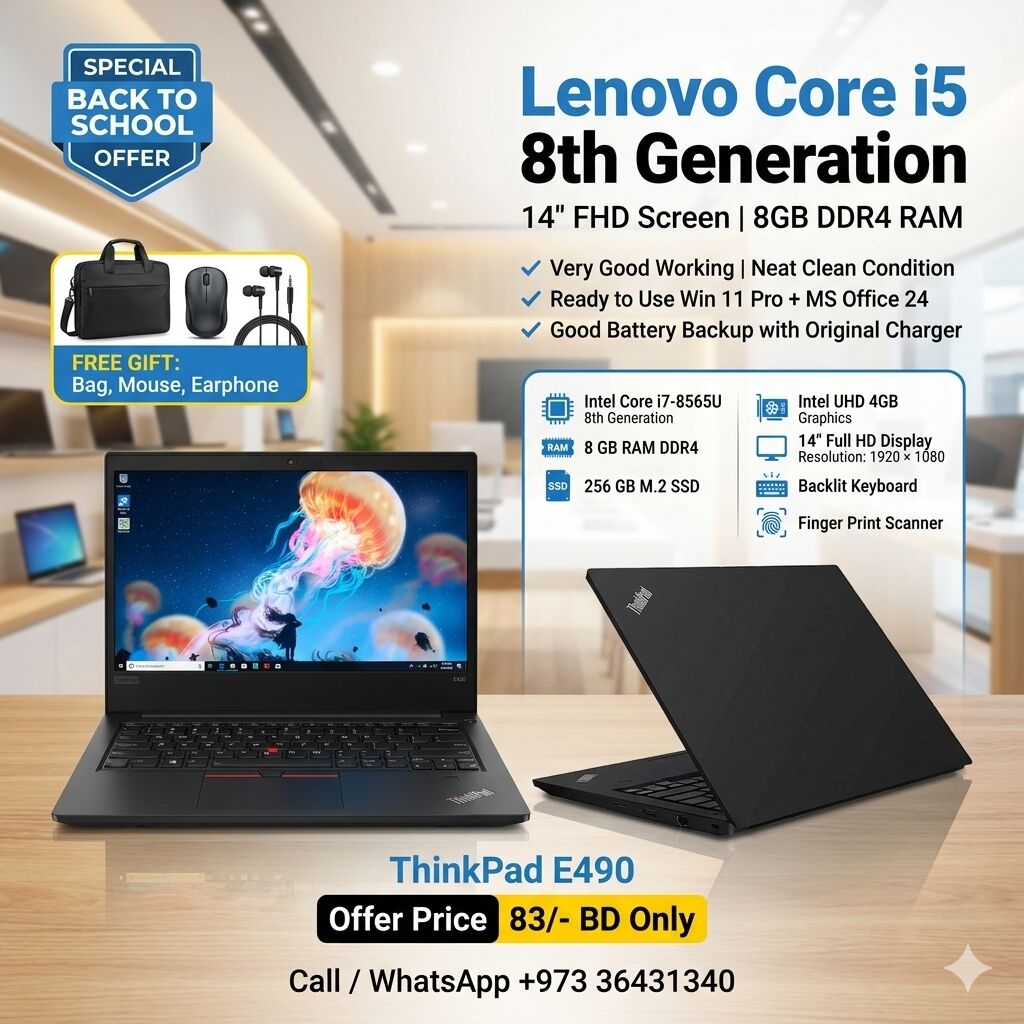 Manama, Computers, BHD 83,  Lenovo Intel Core I5 8th Generation Laptop 14" Full HD Display 8GB RAM (Free Bag & Mouse)