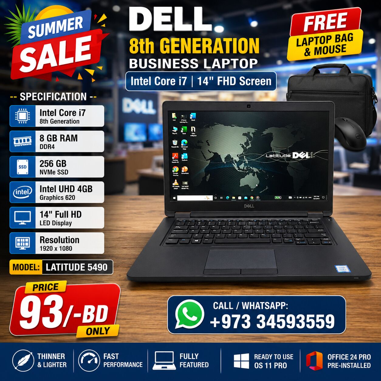 Isa Town, Computers, BHD 93,  DELL Core I7 8th Generation Professional Laptop 14" Full HD Screen 8GB DDR4 RAM 256GB SSD