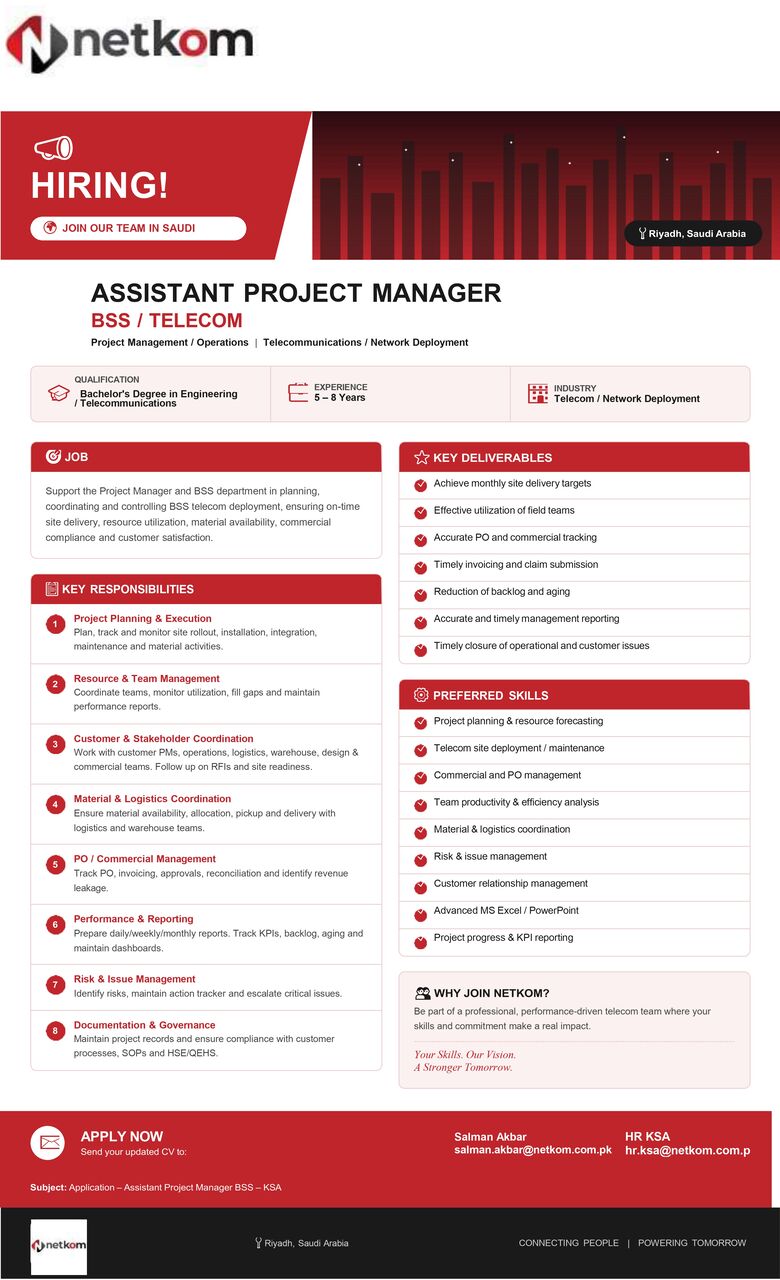 Riyadh, Jobs, Position: Assistant Project Manager &ndash; BSS / Telecom