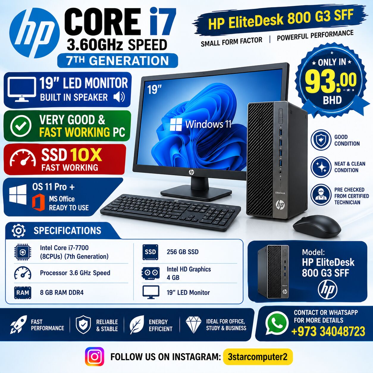 Manama, Tablet Computers, BHD 93,  HP Core I7 3.60GHz Speed 7th GEN RAM 10x Fast 19" LEDMonitor Win 11,MS Office Ready To Use