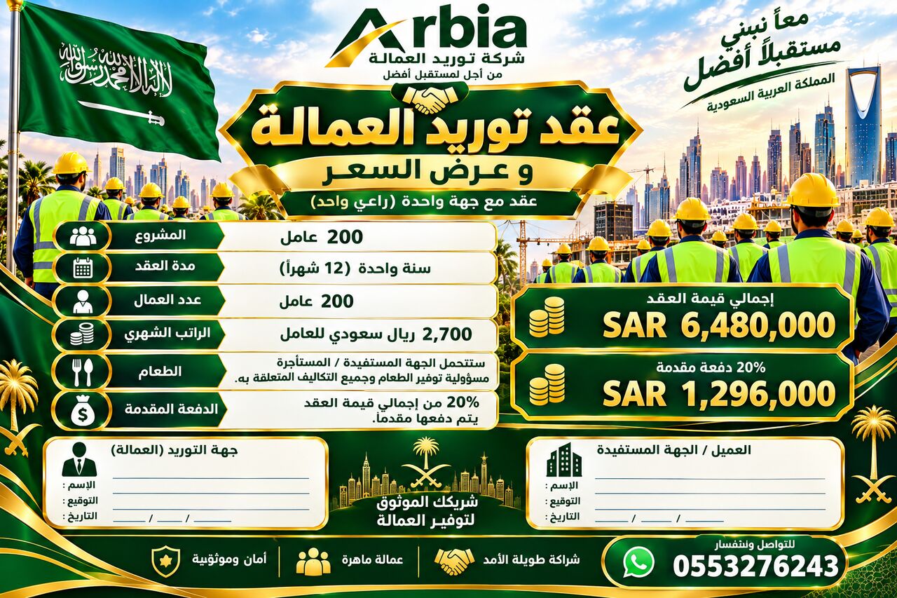 Riyadh, Jobs, LABOR SUPPLY CONTRACT 200 WORKERS ONE SPONSOR