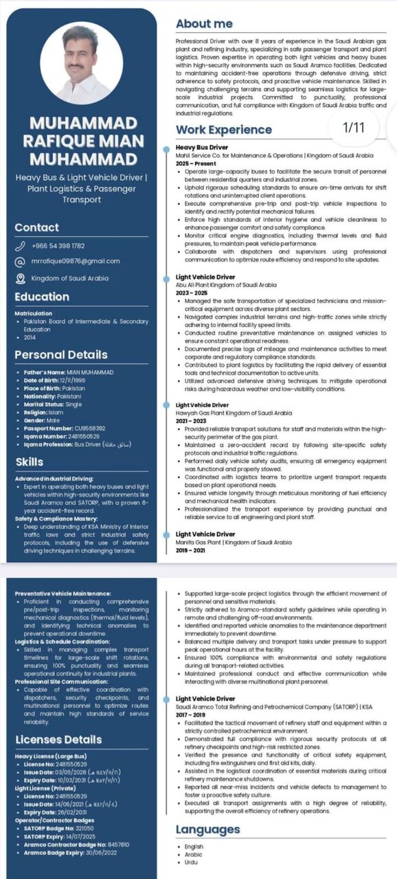 Dammam, Job Seekers, BUS COASTER LIGHT DRIVER Rig Experience