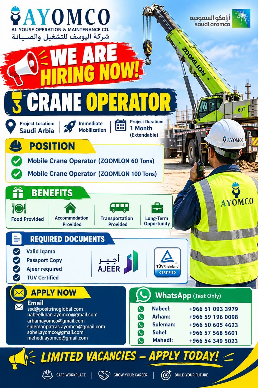 Riyadh, Jobs, CRANE OPERATOR