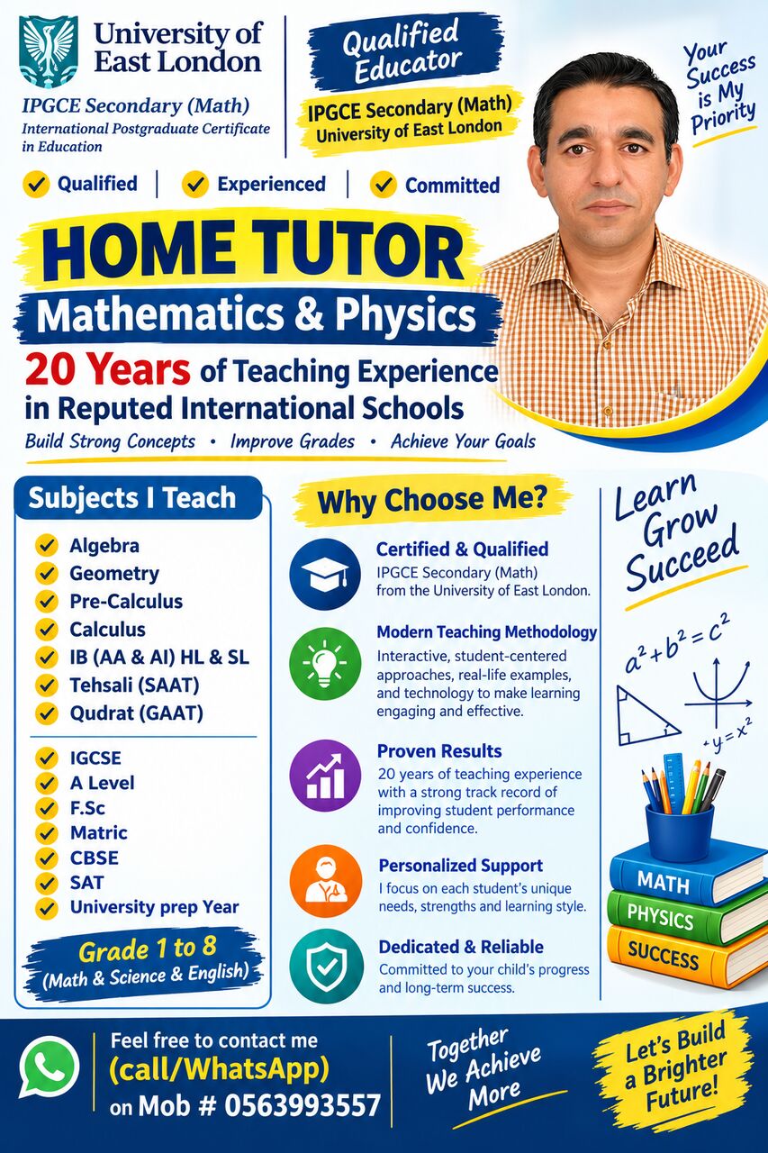Riyadh, Lessons Offered, QUALIFIED & EXPERIENCED MATHS & PHYSICS TUTOR