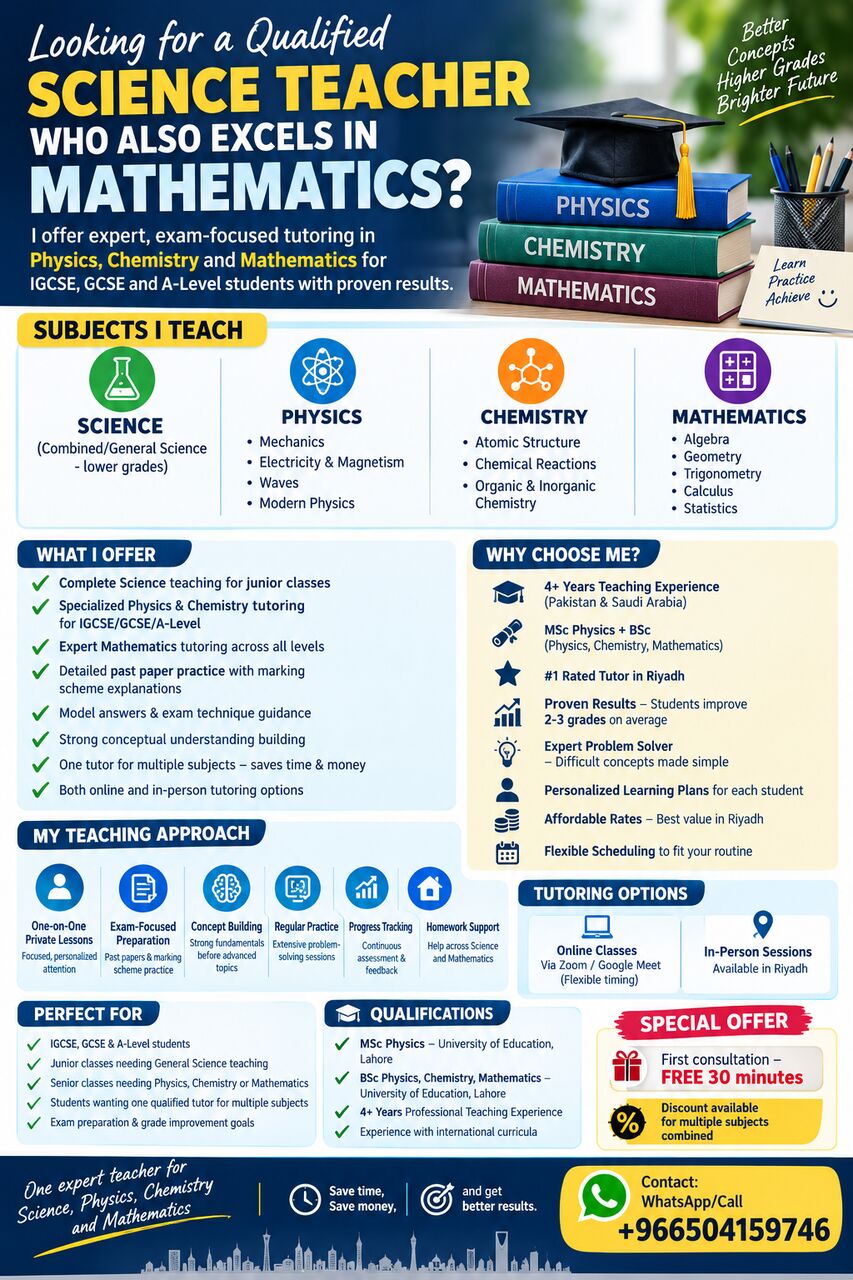 Riyadh, Lessons Offered, Expert Science Teacher | Physics, Chemistry & Mathematics Tutor Riyadh | IGCSE, GCSE, A-Le