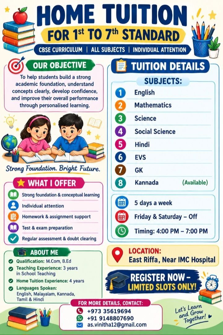 East Riffa, Lessons Offered, Home Tuition Available