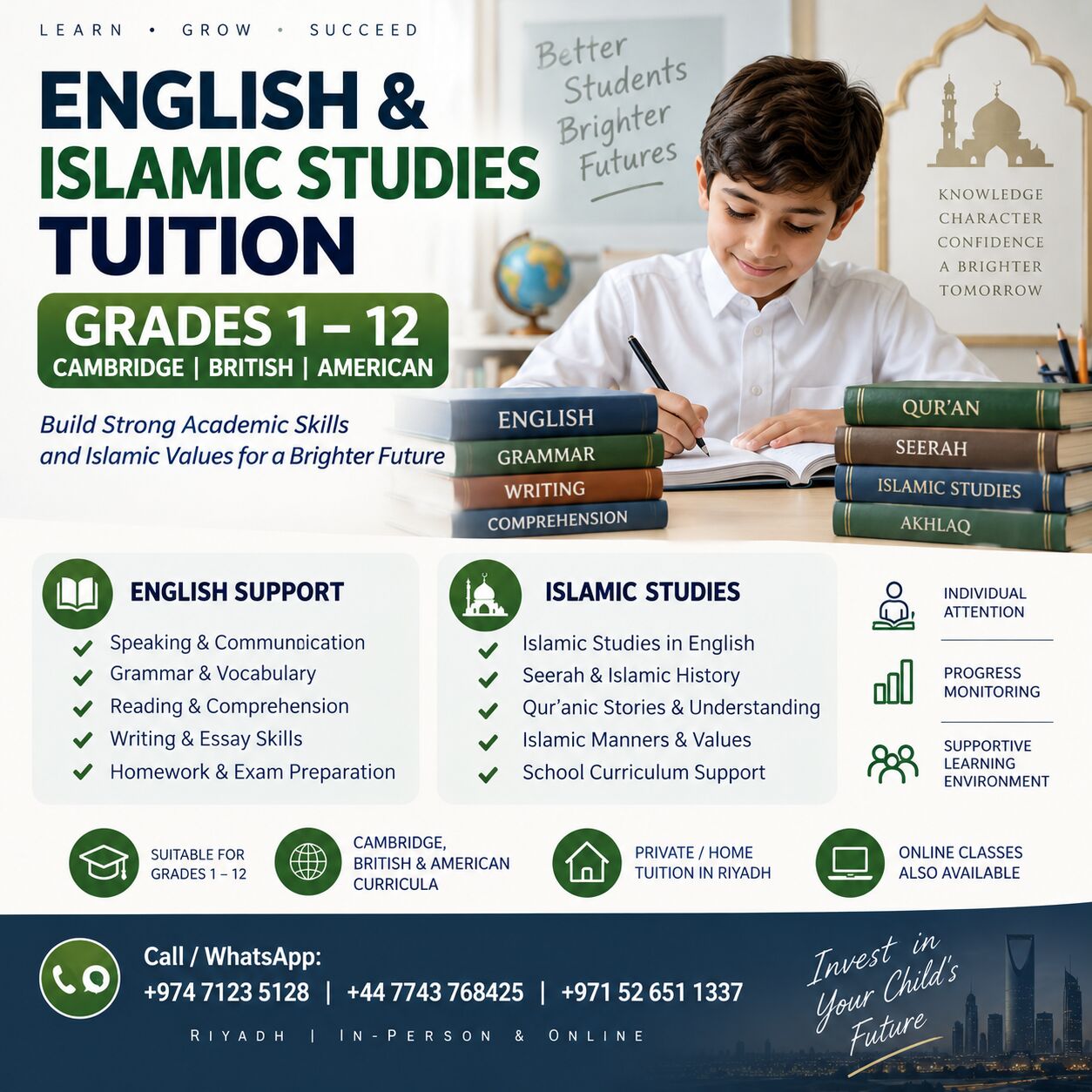 Riyadh, Lessons Offered, English & Islamic Studies Tuition | Grades 1&ndash;12 | O Level /A Level
