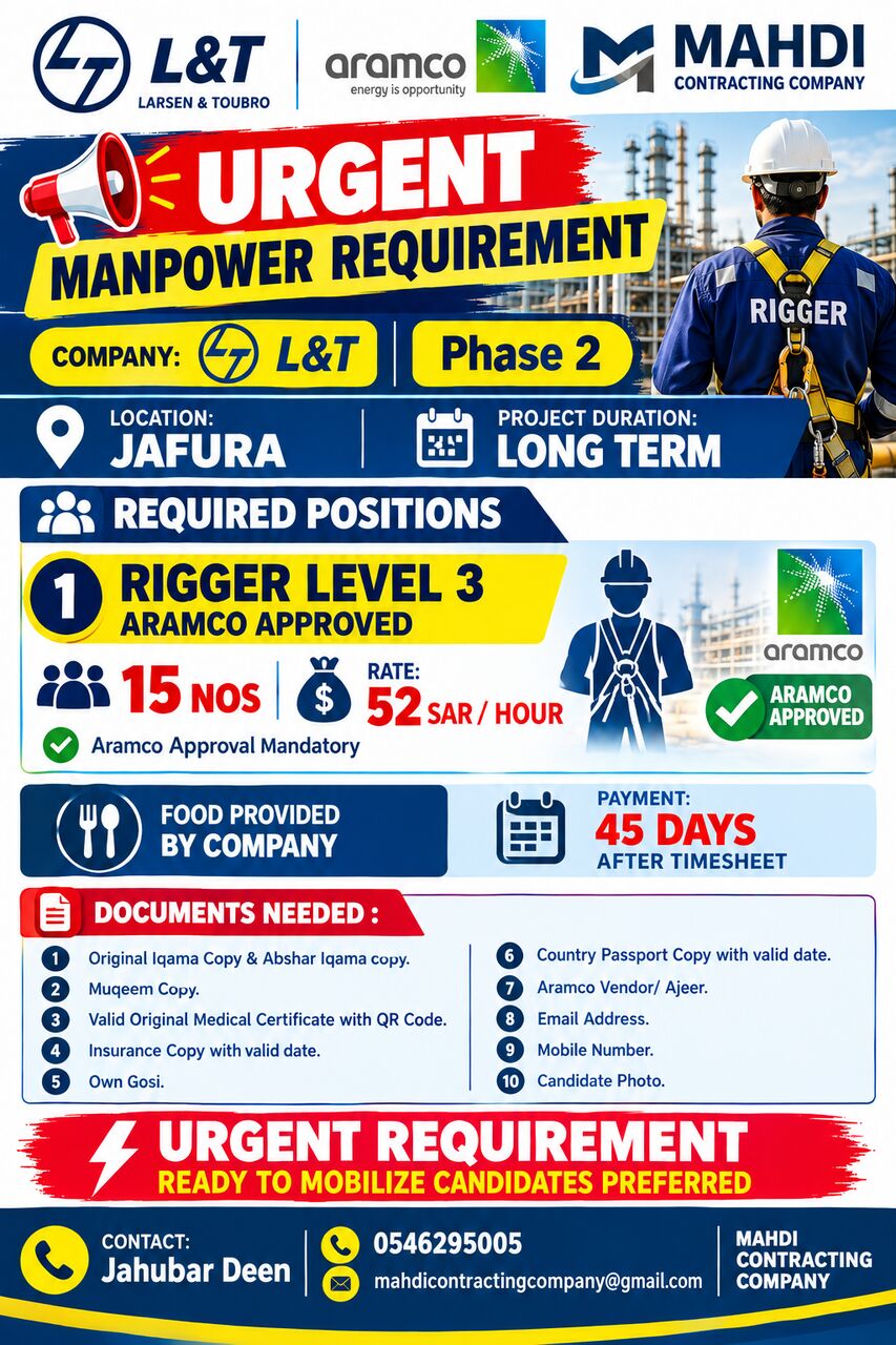 Riyadh, Jobs, Rigger Level 3 Aramco Approved - 🚨 URGENT MANPOWER REQUIREMENT 🚨