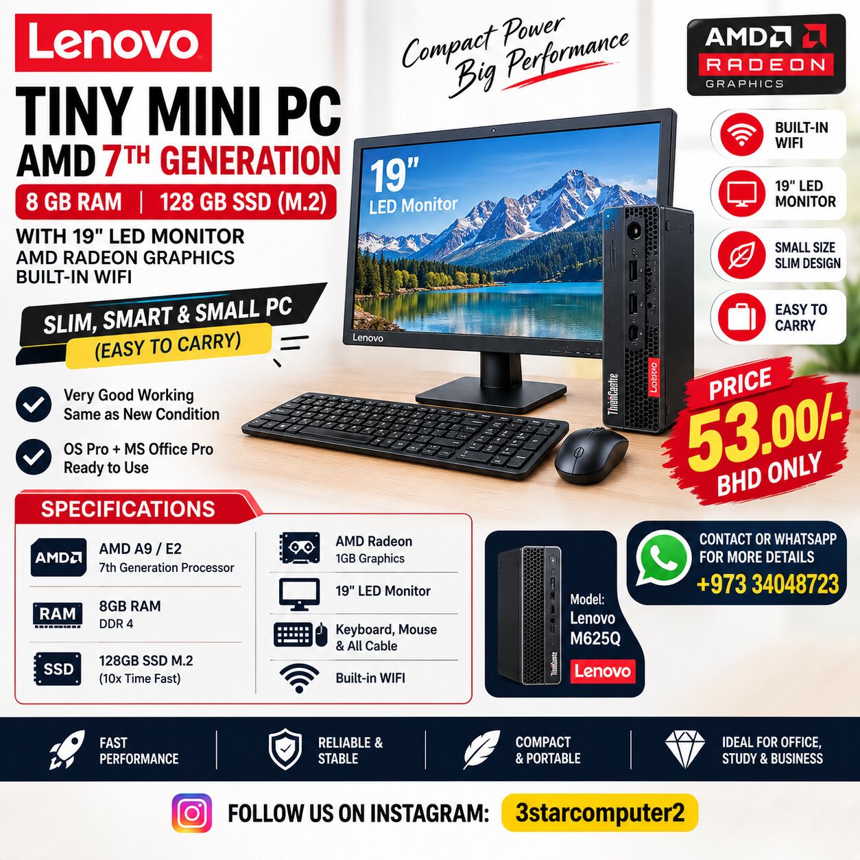 Manama, Tablet Computers, BHD 53,  Lenovo Tiny PC AMD 7th Gen RAM 8GB SSD M.2 1GB Graphics 19" Monitor Built-in WIFI