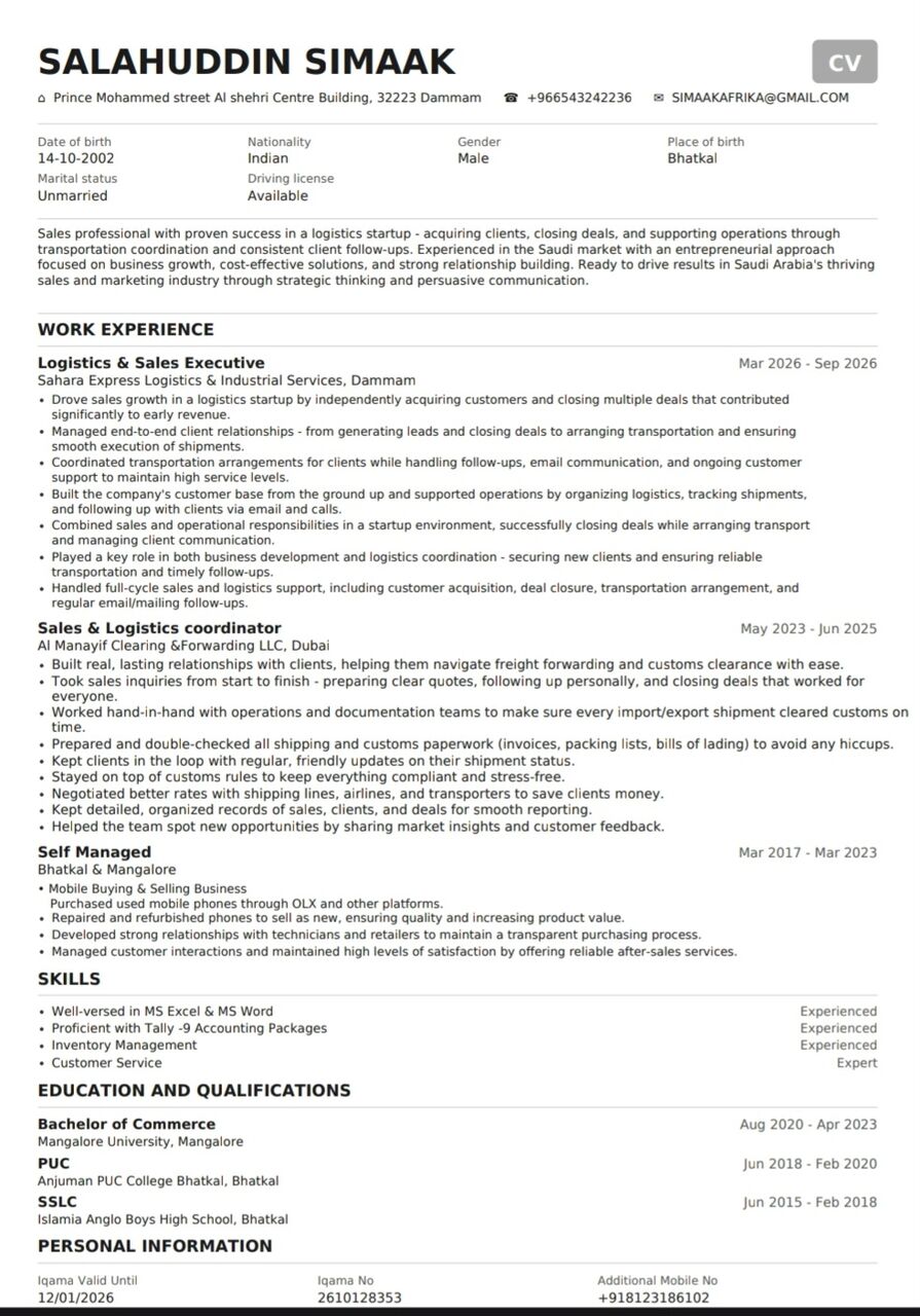 Dammam, Job Seekers, Im Looking For Sales & Logistics Job