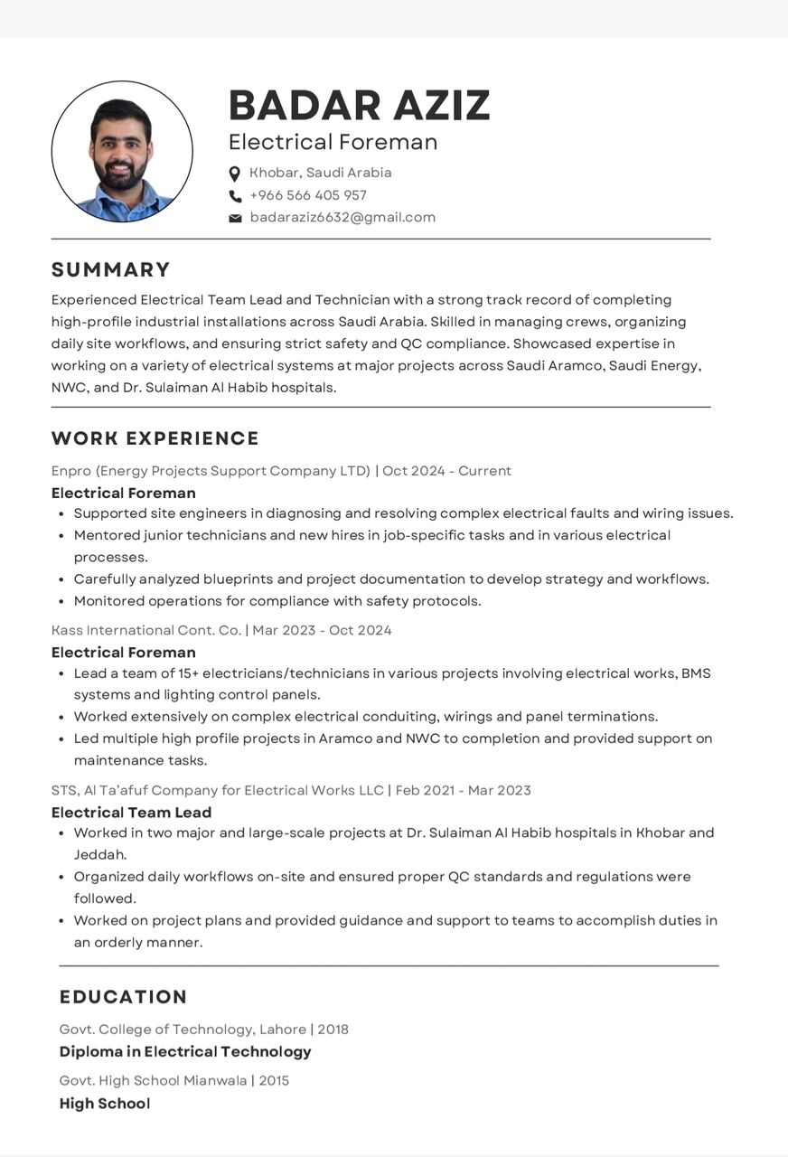 Yanbu, Job Seekers, Electrical Forman