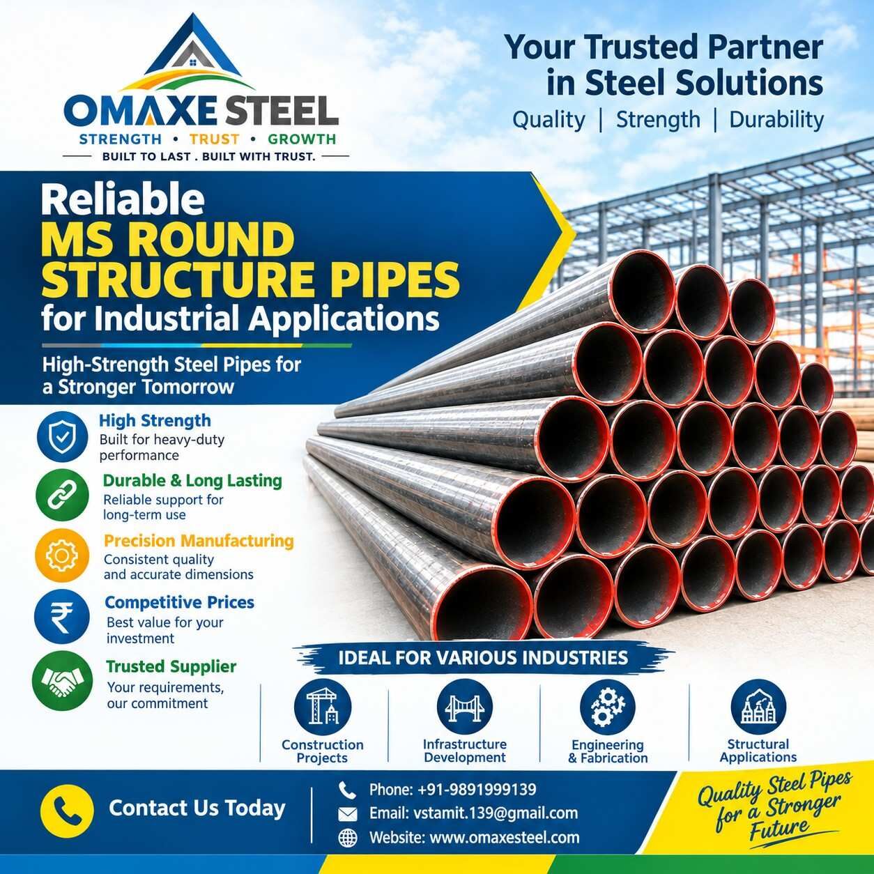Ghaziabad, Construction, Reliable MS Round Structure Pipes For Industrial Applications