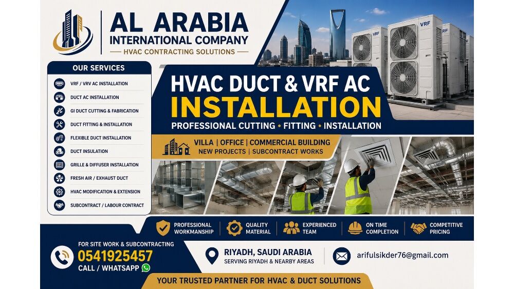 Riyadh, Air Conditioning, Professional HVAC, GI/PI Duct & VRF Team For Malls, Villas, Offices & Restaurants - All KS
