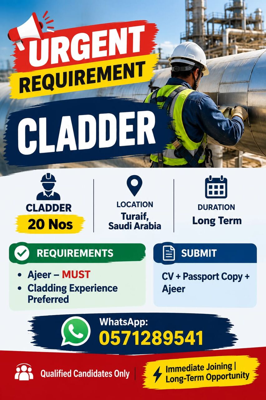 Jubail, Jobs, URGENT REQUIREMENT &ndash; CLADDER