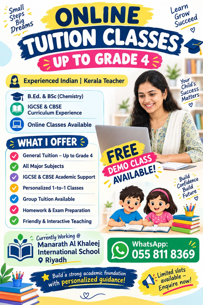 Riyadh, Job Seekers, Online Tuition Classes In Saudi Arabia &ndash; Up To Grade 4 | IGCSE & CBSE