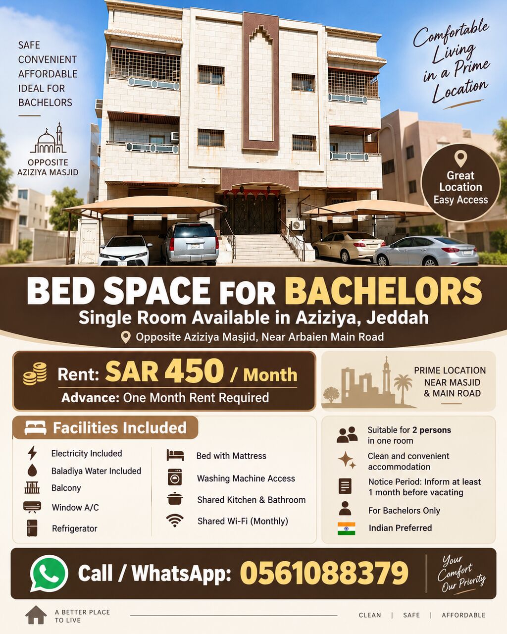 Jeddah, Bedspace For Rent, SAR 450/month,  Bed Space For Bachelors Including Electricity &ndash; Aziziya, Jeddah