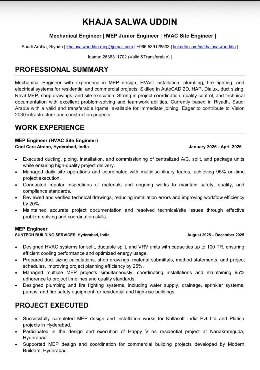 Riyadh, Job Seekers, MEP,HVAC