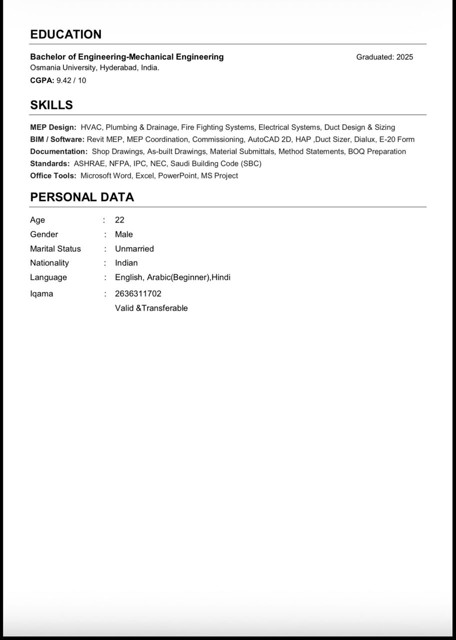 Riyadh, Job Seekers, MEP,HVAC