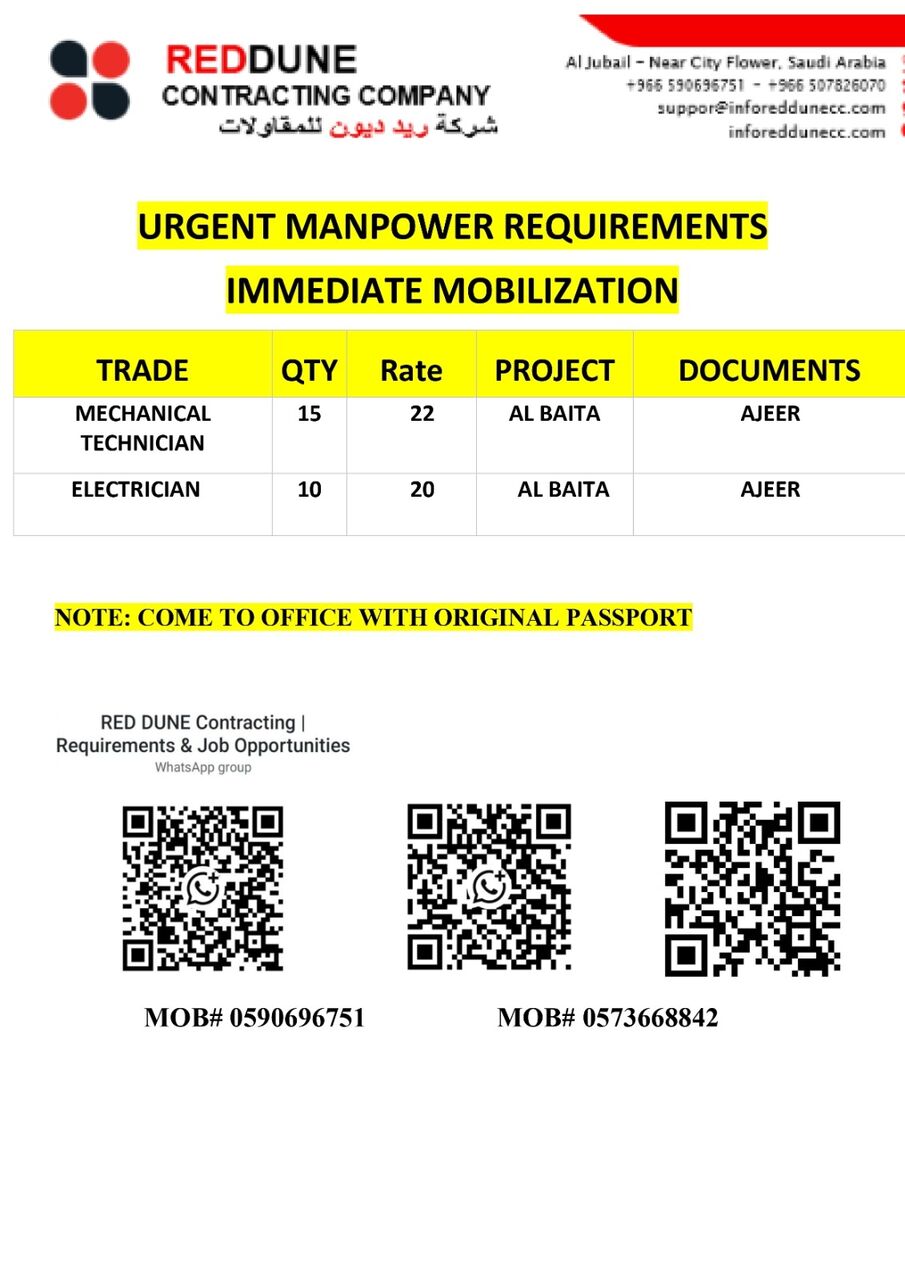 Jubail, Jobs, Urgent Requirement