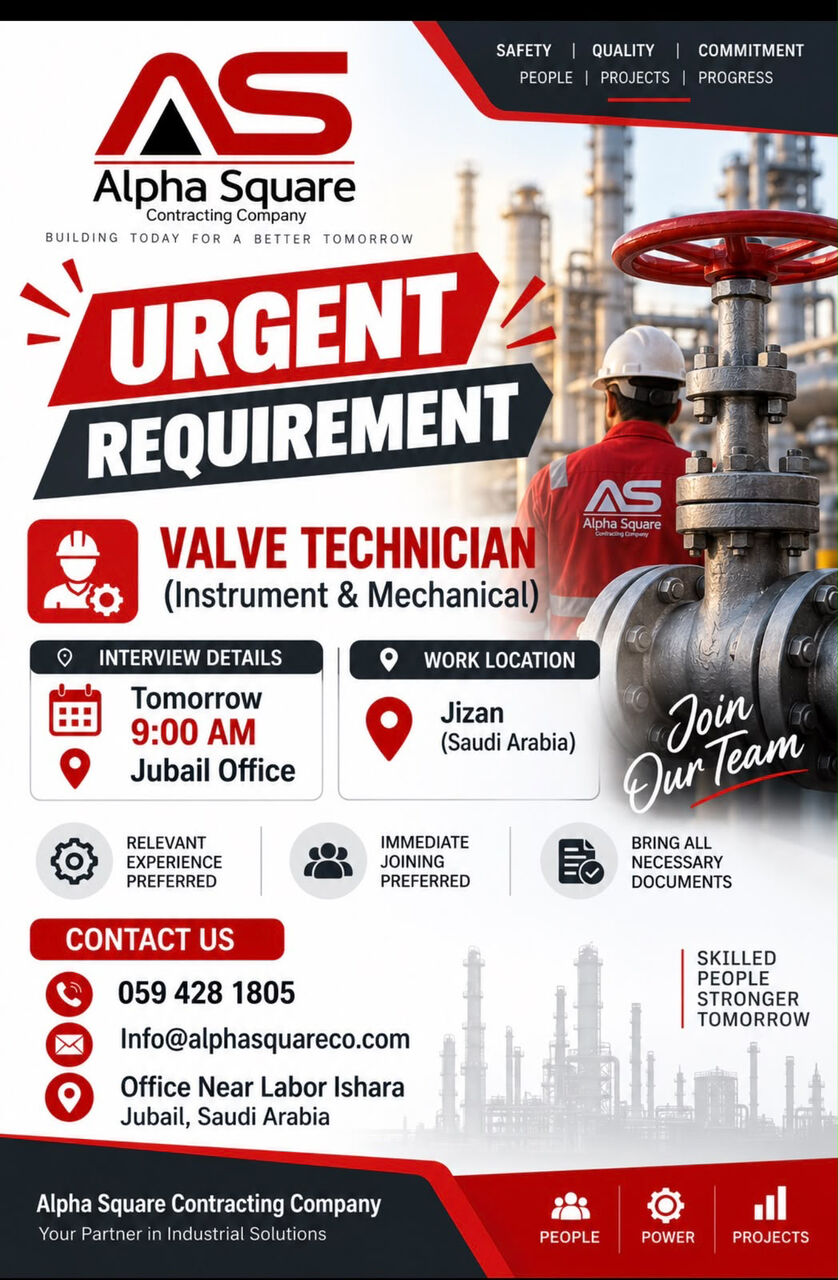 Jubail, Jobs, Valve Technician