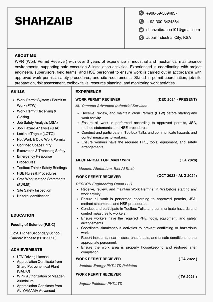 Jubail Industrial City, Job Seekers, Work Permit Reciever