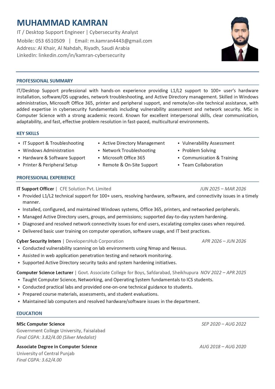 Riyadh, Job Seekers, IT Support / Desktop Support / Cybersecurity Professional Seeking Job &ndash; Riyadh