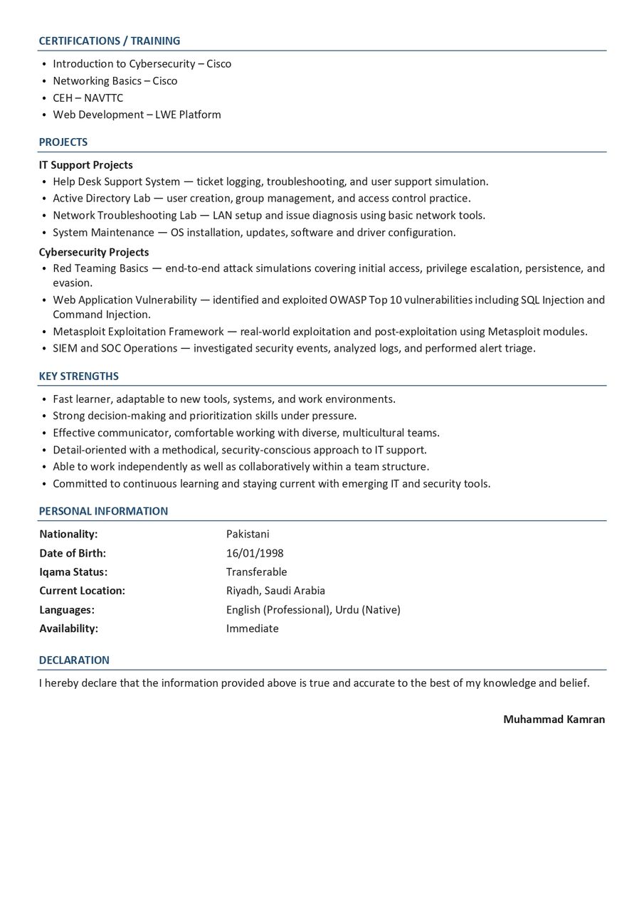 Riyadh, Job Seekers, IT Support / Desktop Support / Cybersecurity Professional Seeking Job &ndash; Riyadh