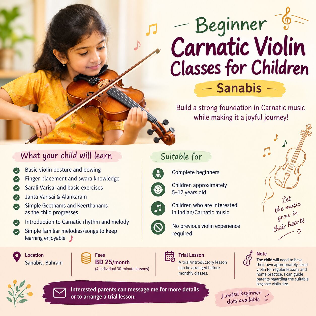 Sanabis, Lessons Offered, Violin Classes For Children (Beginner Level Carnatic) &ndash; Sanabis | BD 25/month