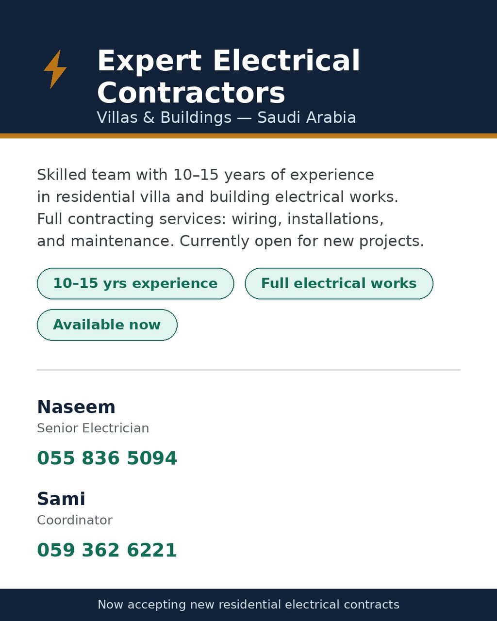 Riyadh, Job Seekers, Expert Electrical Contractors For Villas & Buildings