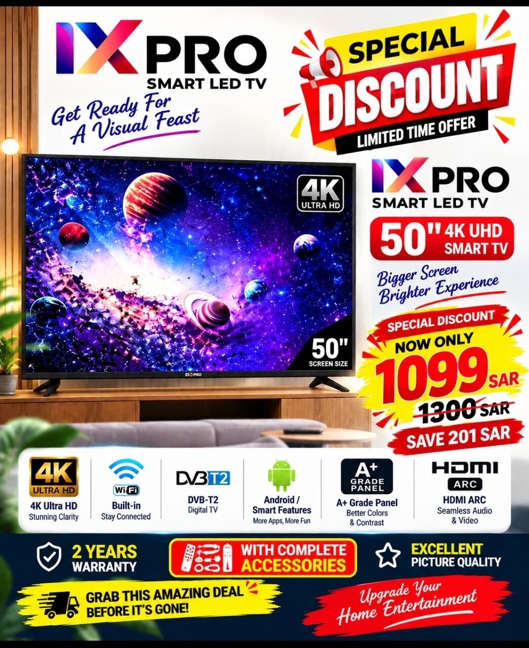 Dammam, Appliances, SAR 1099,  MX PRO 50" 4K Ultra HD Smart LED TV &ndash; Brand New