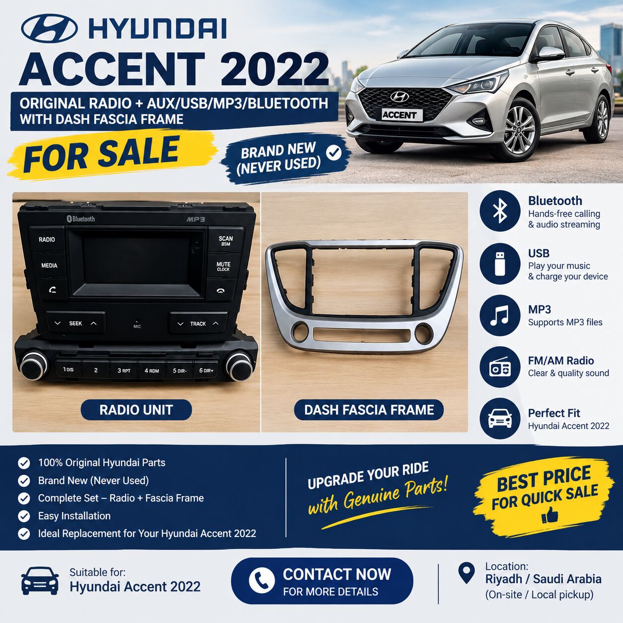 Rabigh, Auto Parts, SAR 325,  🚗 FOR SALE – ORIGINAL HYUNDAI ACCENT 2022 RADIO UNIT