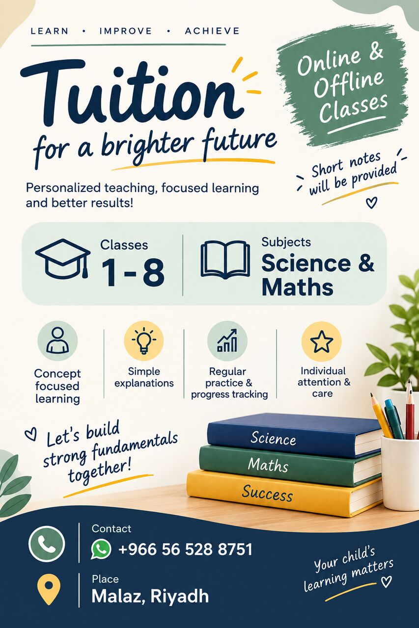 Al Malaz, Lessons Offered, 📚 Online & Offline Tuition Classes | Classes 1–8 | Science & Maths
