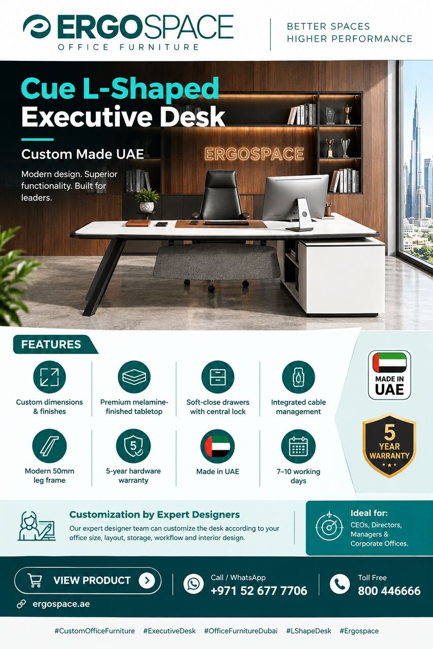 Dubai, Furniture, AED 6000,  Buy Modern Cue L-Shaped Executive Desk | Custom Made UAE | Ergospace