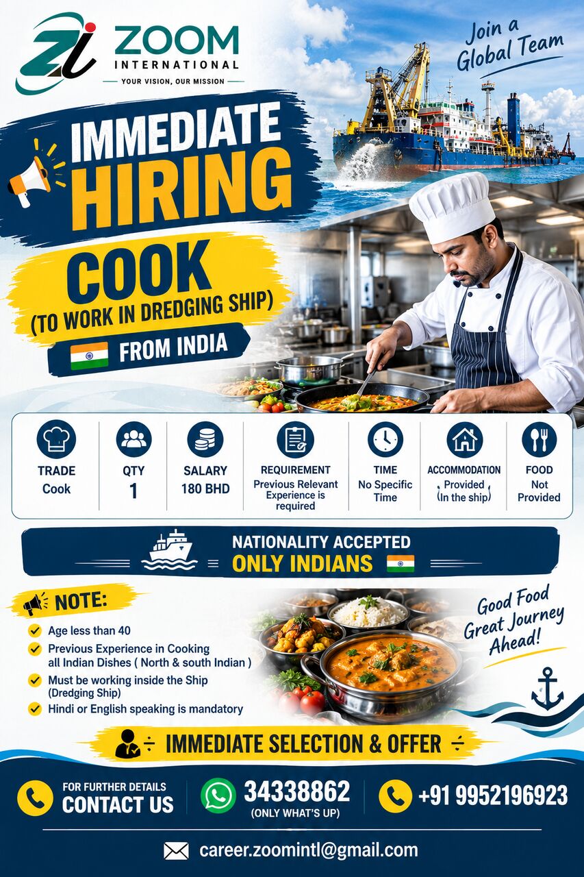 Manama, Jobs, IMMEDIATE HIRING - COOK (TO WORK IN DREDGING SHIP) - FROM INDIA