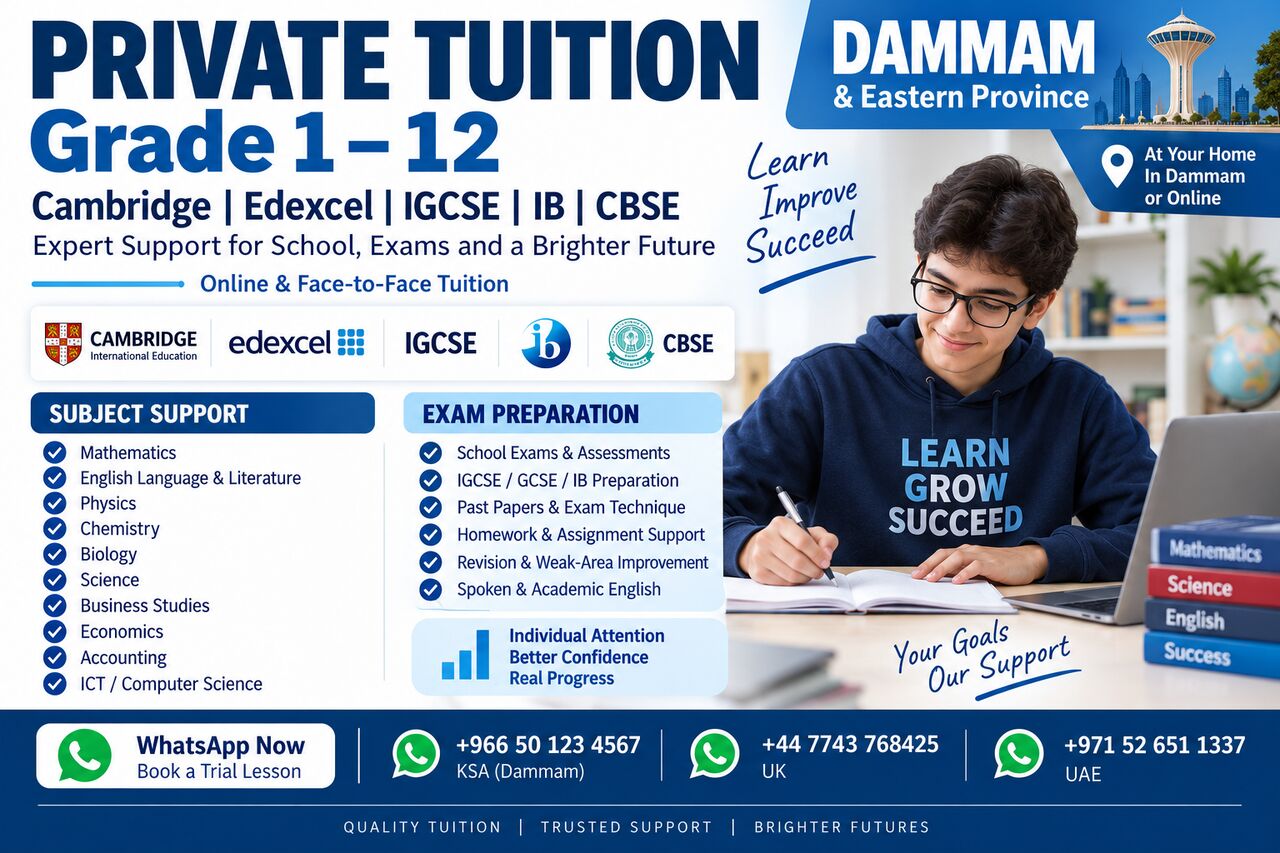 Dammam, Lessons Wanted, Private Tutor Dammam Grade 1&ndash;12 | Cambridge, IGCSE, IB & CBSE