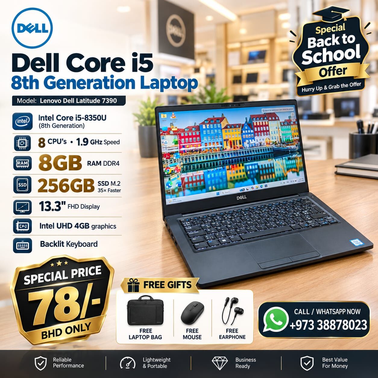 Manama, Tablet Computers, BHD 78,  DELL Core I5 8th Gen Laptop 8GB RAM 256GB M.2 SSD WIN 11 & Office 2024 FREE Bag & Mouse