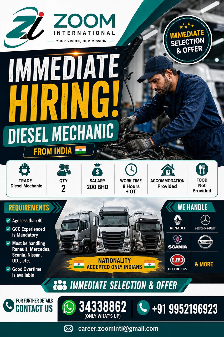 Manama, Jobs, IMMEDIATE HIRING - DIESEL MECHANIC- FROM INDIA