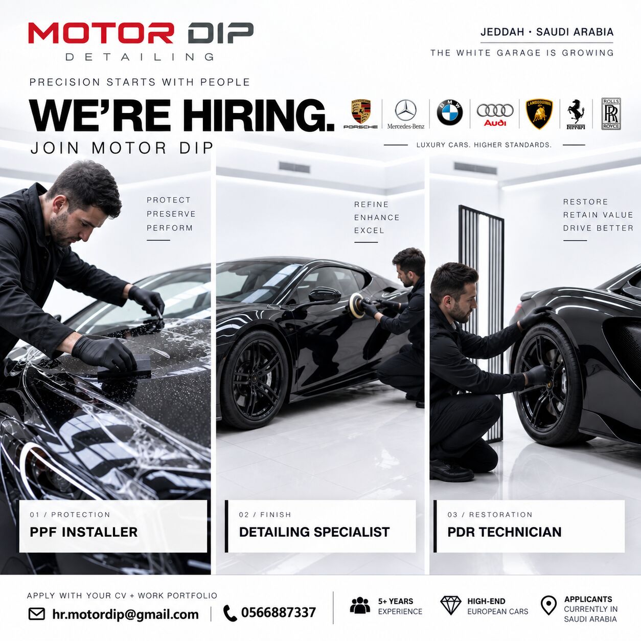 Jeddah, Jobs, WE&rsquo;RE HIRING: PPF INSTALLER, PDR TECHNICIAN & AUTOMOTIVE DETAILER &mdash; MOTOR DIP, JEDDAH