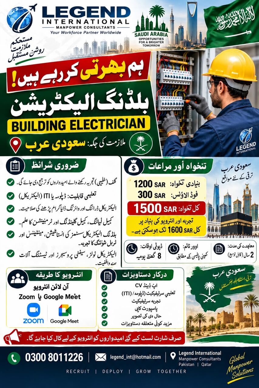 Faisalabad, Jobs, سعودی عرب کے لیے بلڈنگ الیکٹریشن کی فوری ضر