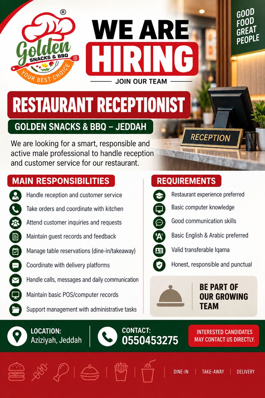 Jeddah, Jobs, RESTAURANT RECEPTIONIST