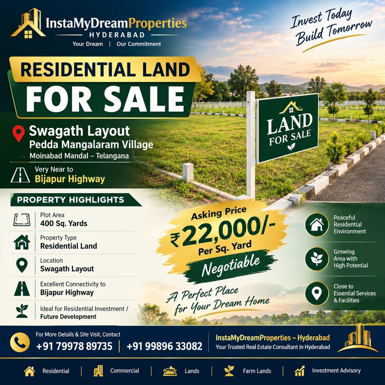 Hyderabad, Residential Plots, INR 22000,  400 Sq. Yard,  400 Sqrds Residential Plot Available For Sale At Moinabad -Swagath Homes - RR