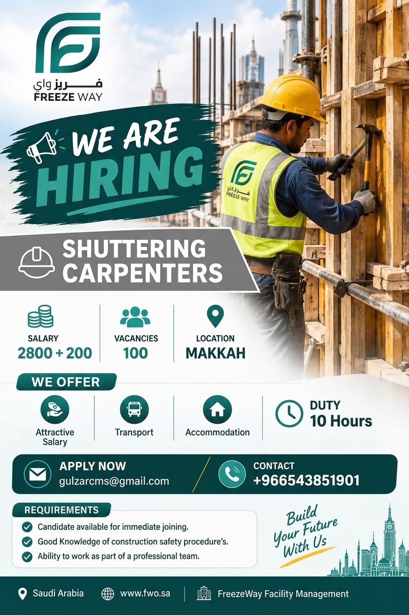 Makkah, Jobs, WE ARE HIRING &ndash; SHUTTERING CARPENTERS